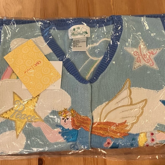 NWT Quacker Factory Angel Cardigan Blue Embroidered Angel Cardigan Size Large - Picture 3 of 14